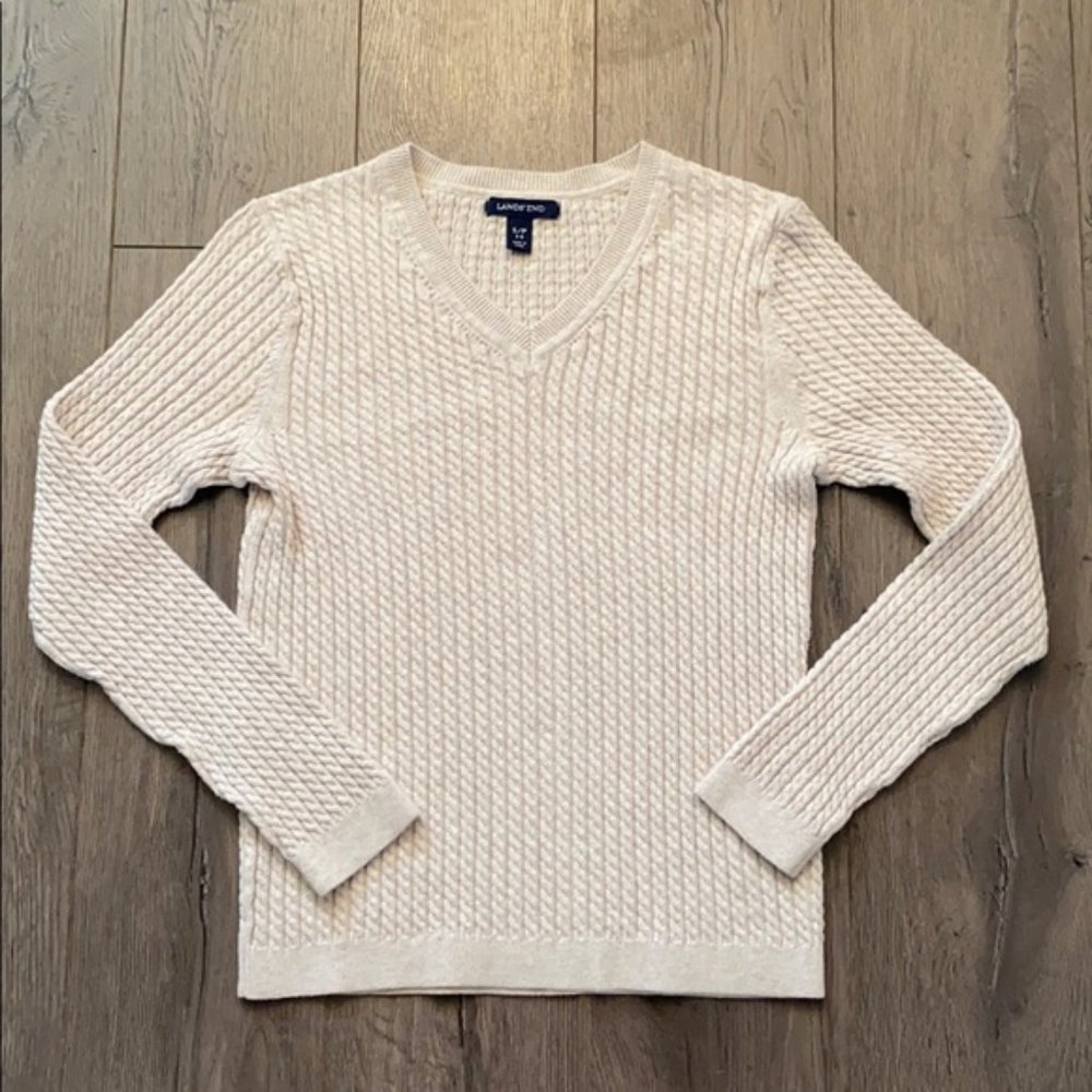 Lands' End Natural Cable Knit V-Neck Sweater